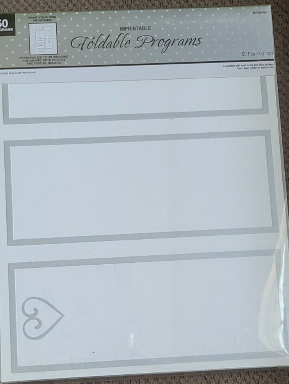 Wedding Party Collection Ivory Silver Heart Line Printable Programs 50pc new